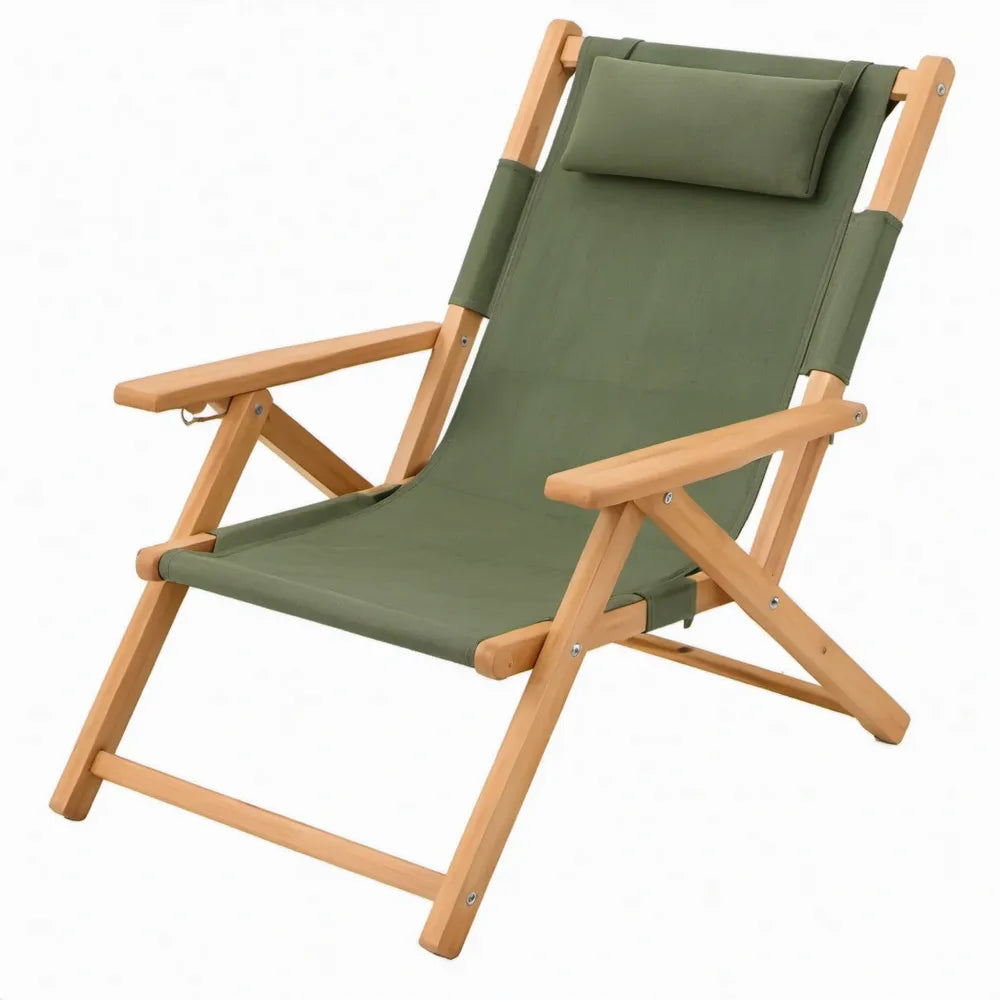 Verstelbare opvouwbare campingstoel van beukenhout met olijfgroen polyester canvas, 58 x 75 x 98 cm