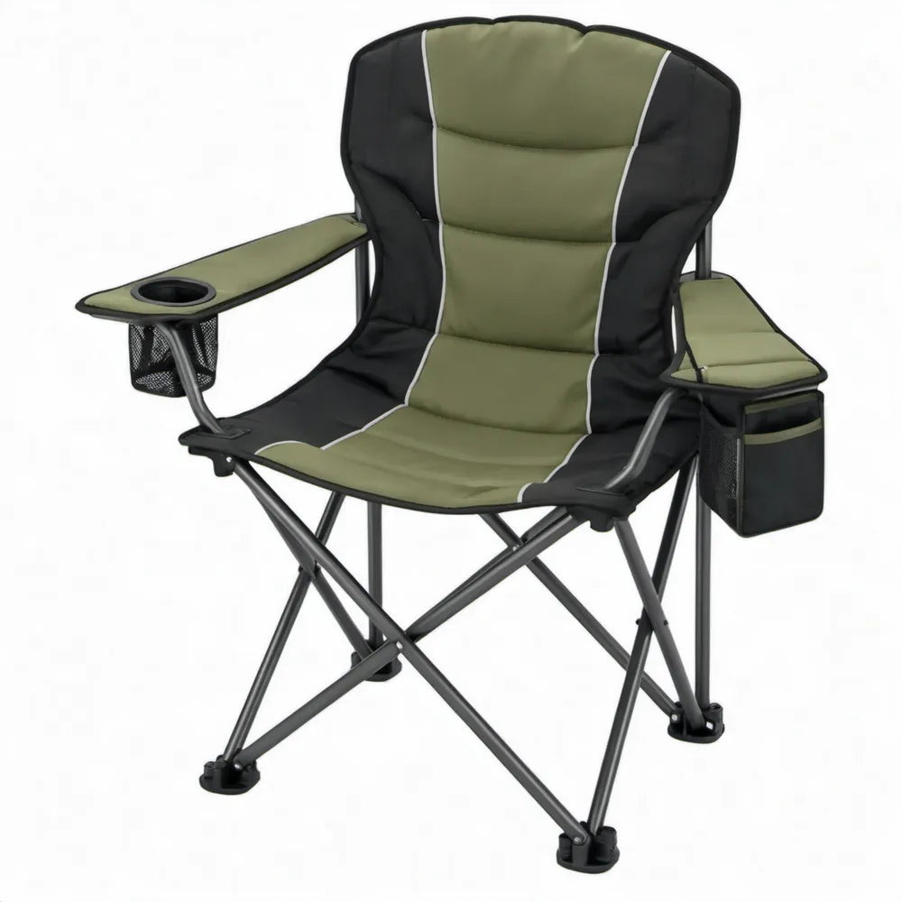 Inklapbare campingstoel met koelvak, bekerhouder en zijtas, 90 x 60 x 110 cm, groen/zwart/grijs
