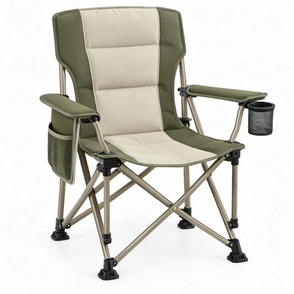 Inklapbare campingstoel met hoge rugleuning, armleuningen, bekerhouder en zijvak, 60 x 60 x 100 cm, groen/beige