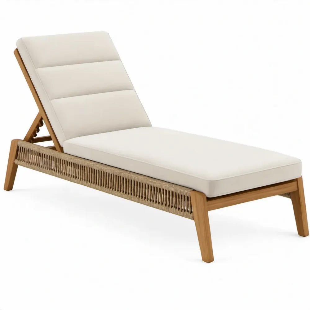 Verstelbaar ligbed van massief teakhout met PE-touw, 200 x 70 x 35 cm – Crème/Naturelbruin/Beige