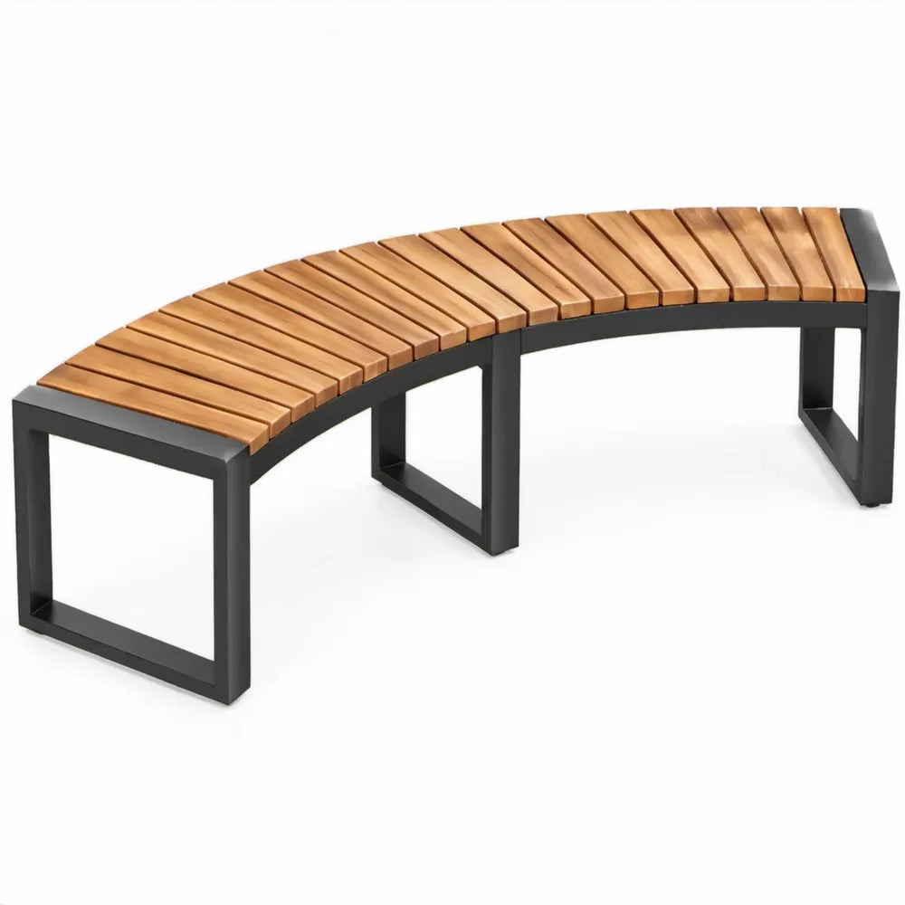 Gebogen tuinbank 150 x 50 x 45 cm van acaciahout en gepoedercoat staal Bruin/Zwart