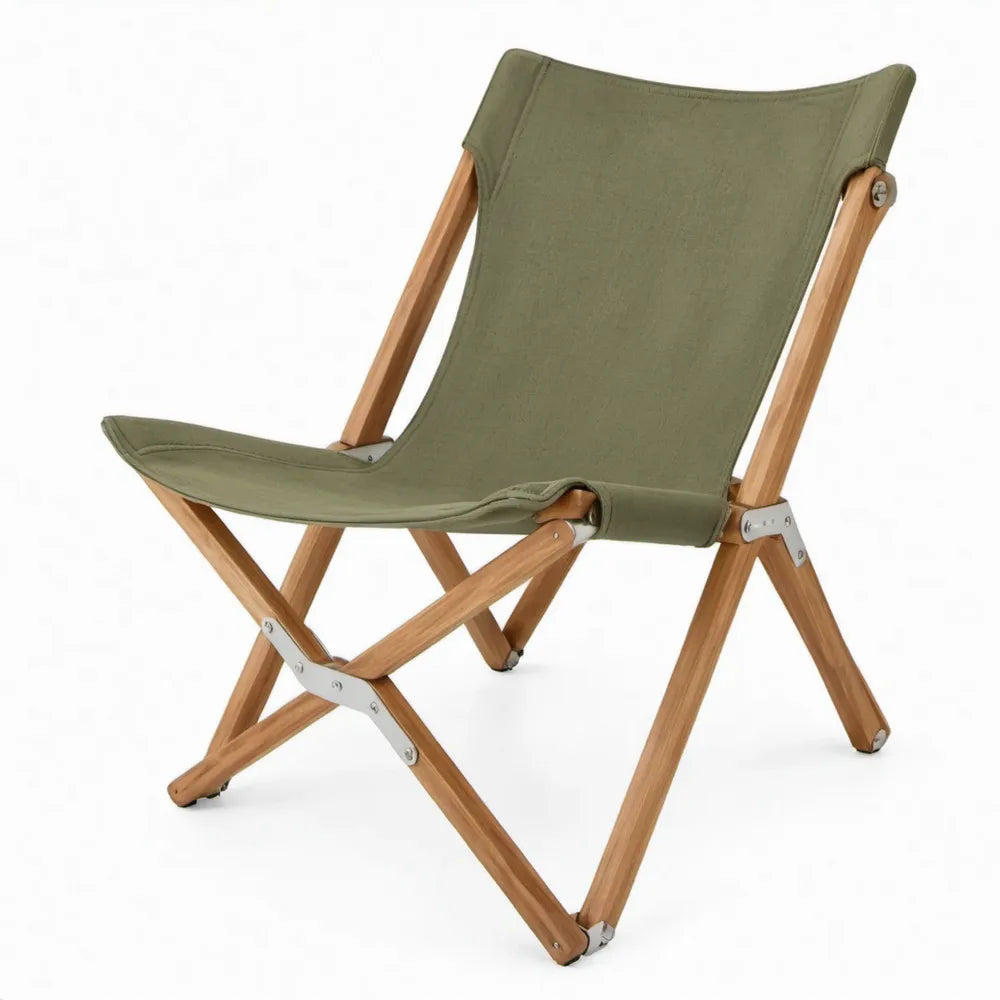 Opvouwbare campingstoel van olijfgroen canvas met acaciahouten frame, 58 x 70 x 92 cm