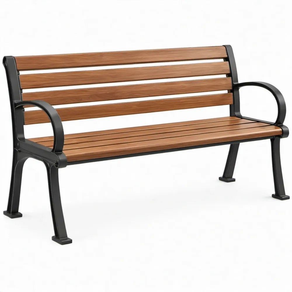 Tuinbank met armleuningen 150 x 60 x 80 cm bruin/zwart van WPC en gepoedercoat staal