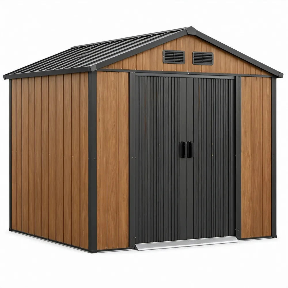 Gegalvaniseerd stalen uitvoering in houtlook bruin en antraciet, 213 x 191 x 195 cm, met dubbele deur