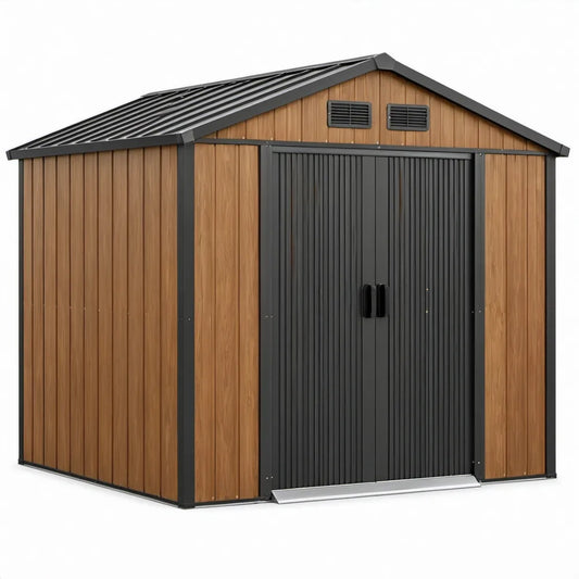 Gegalvaniseerd stalen uitvoering in houtlook bruin en antraciet, 213 x 191 x 195 cm, met dubbele deur