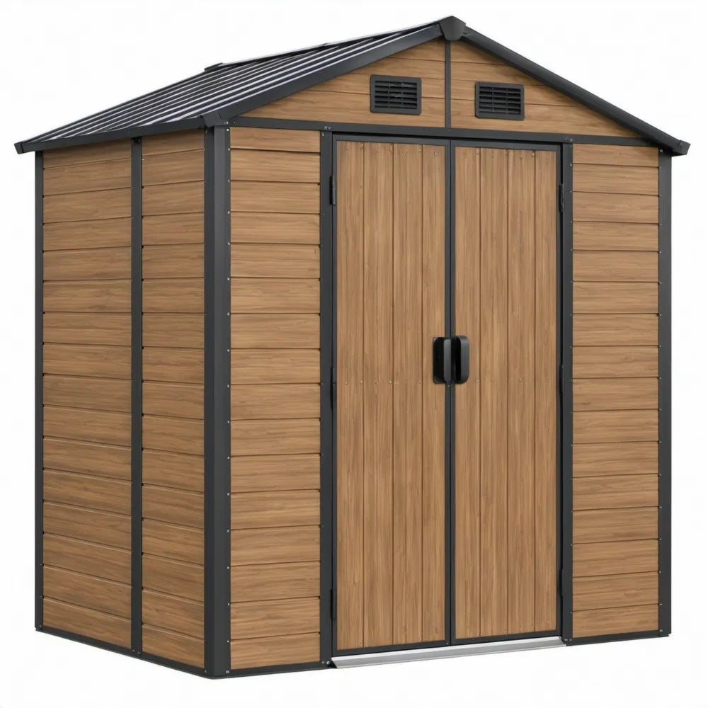 Tuinschuur van gegalvaniseerd staal met dubbele deur, 213 x 130 x 185 cm, houtlook bruin/antraciet