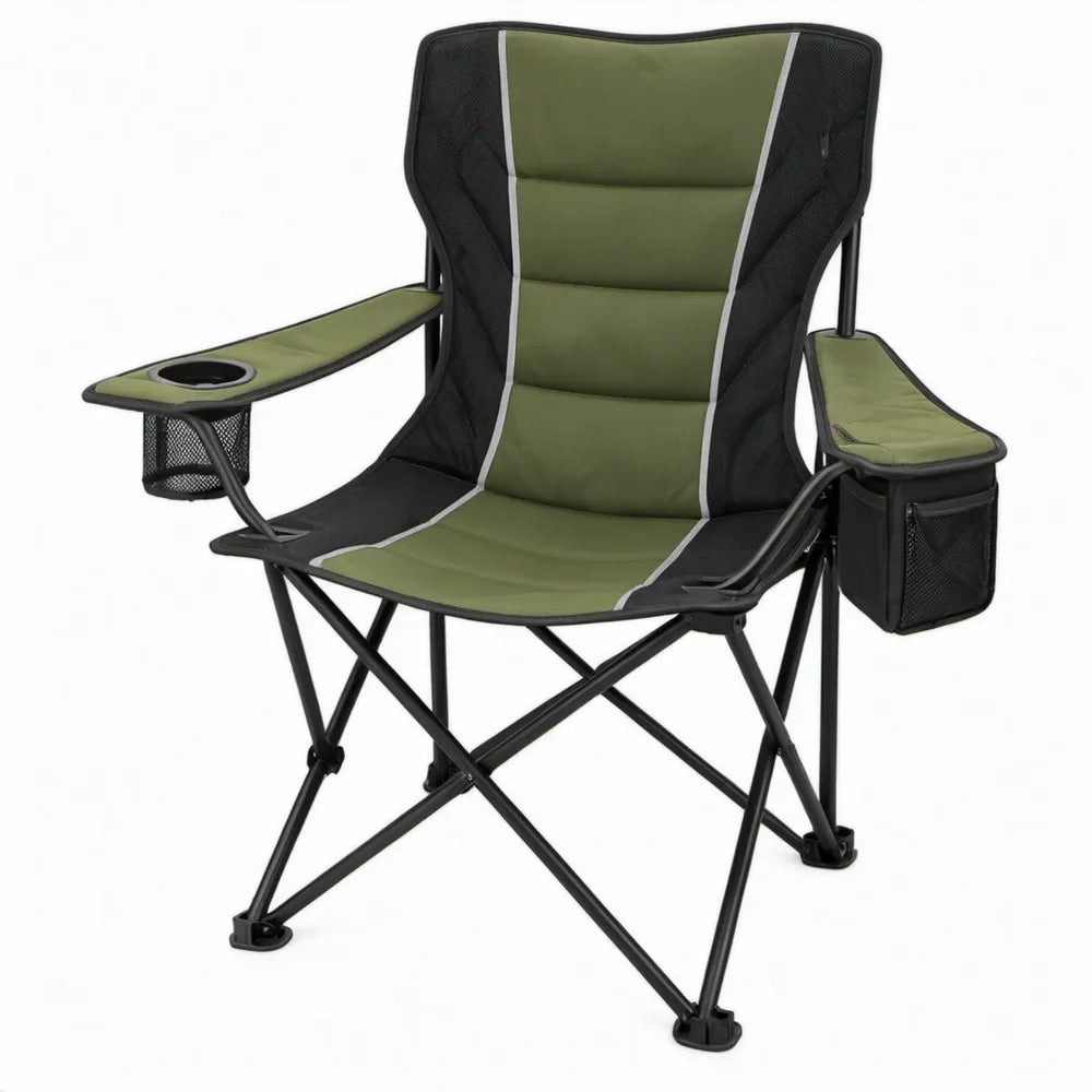 Opvouwbare campingstoel met hoge rugleuning, bekerhouder en opbergvakken – Groen/Zwart/Grijs – 92 x 60 x 110 cm