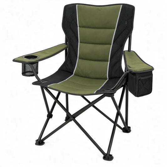 Opvouwbare campingstoel met hoge rugleuning, bekerhouder en opbergvakken – Groen/Zwart/Grijs – 92 x 60 x 110 cm