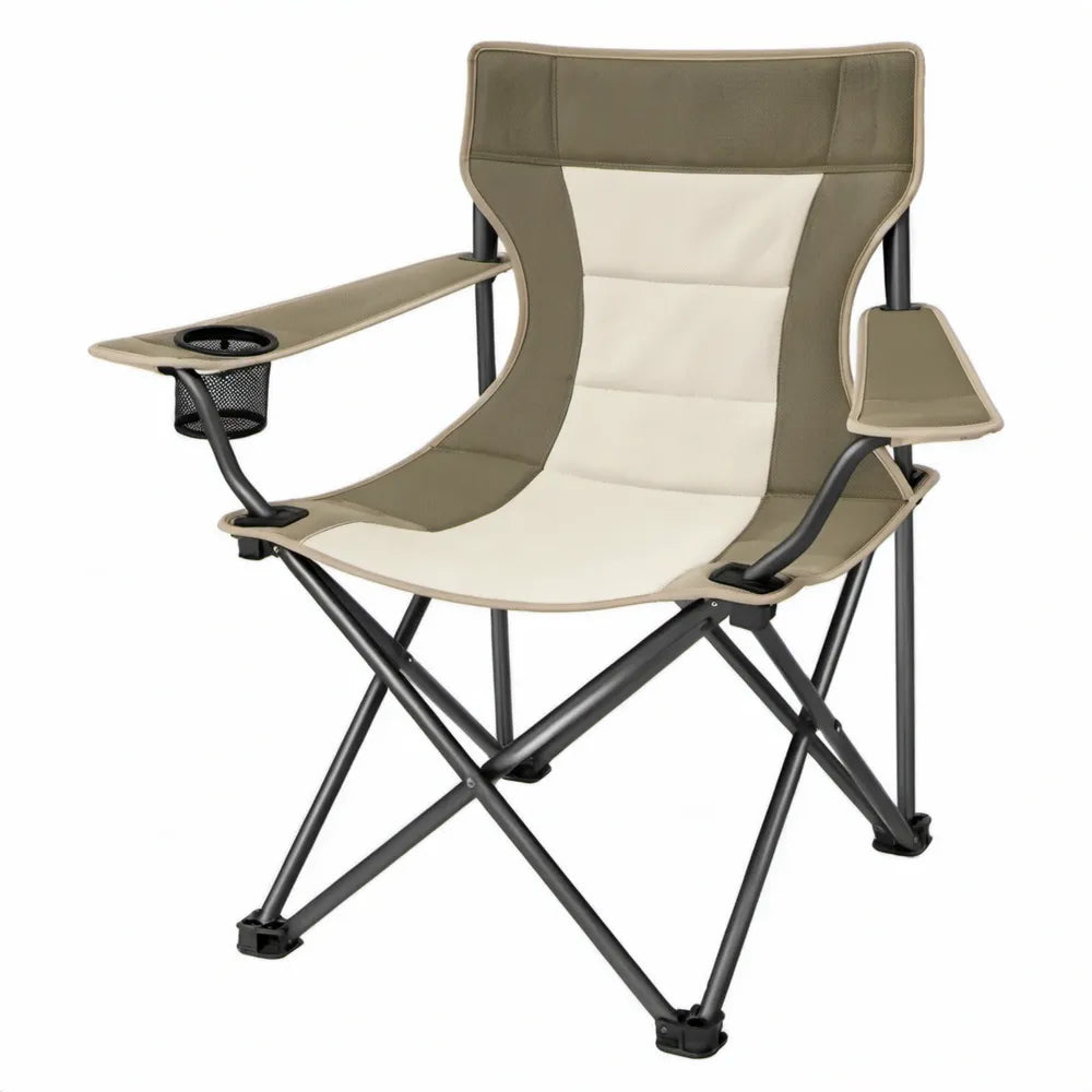 Opvouwbare campingstoel met zijtafel en bekerhouder, 60 x 50 x 100 cm, kaki/beige/zwart