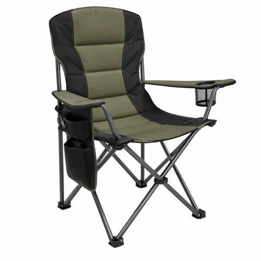 Inklapbare campingstoel met armleuningen, bekerhouder en opbergvakken – Groen/Zwart – 60 x 60 x 96 cm