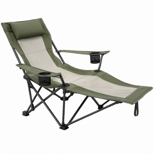 Inklapbare campingligstoel met verstelbare rugleuning, bekerhouders en opbergvakken, olijfgroen/beige/zwart, 190 x 64 x 95 cm