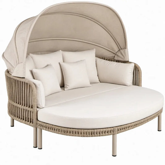 Rond tweepersoons ligbed met verstelbare luifel, 160 x 160 x 175 cm, beige