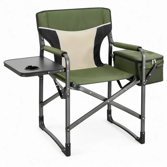 Opvouwbare campingstoel met zijtafel, koeltas en bekerhouder – Groen/Zwart/Crème – 86 x 60 x 90 cm