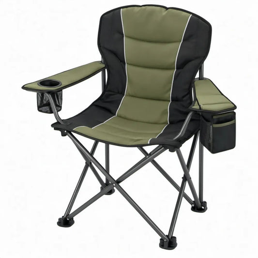 Inklapbare campingstoel met koelvak, bekerhouder en zijtas, 90 x 60 x 110 cm, groen/zwart/grijs