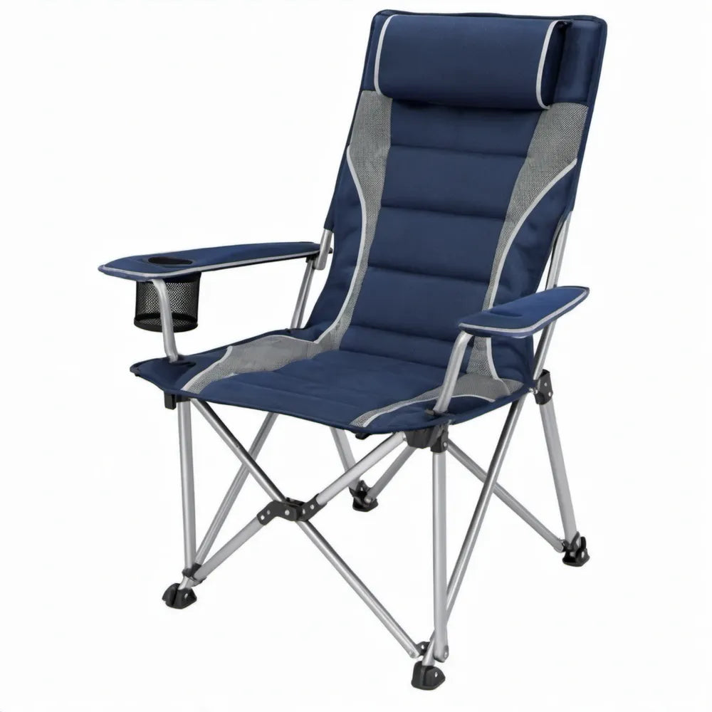 Opvouwbare campingstoel met zijtafel, bekerhouder en hoofdsteun – Blauw/Grijs/Zilver – 60 x 90 x 110 cm