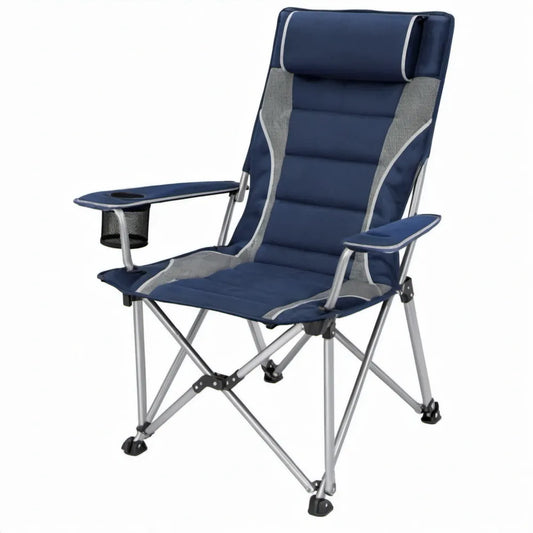 Opvouwbare campingstoel met zijtafel, bekerhouder en hoofdsteun – Blauw/Grijs/Zilver – 60 x 90 x 110 cm
