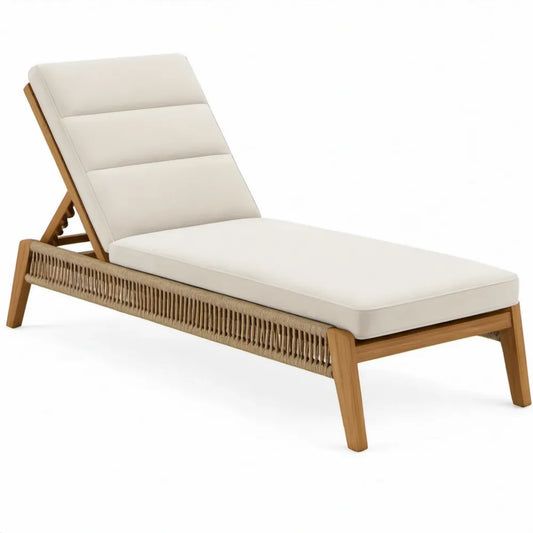 Verstelbaar ligbed van massief teakhout met PE-touw, 200 x 70 x 35 cm – Crème/Naturelbruin/Beige