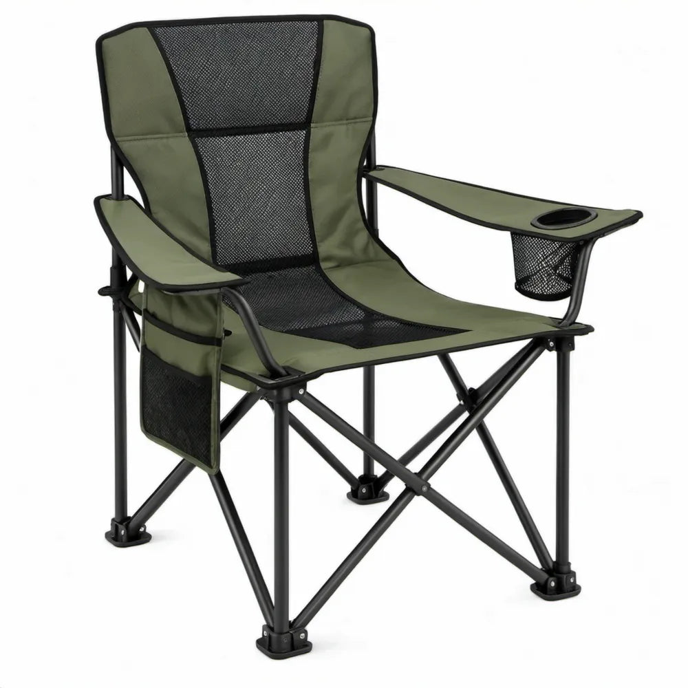 Opvouwbare campingstoel met armleuningen, bekerhouder en zijvak, 60 x 90 x 105 cm, olijfgroen/zwart