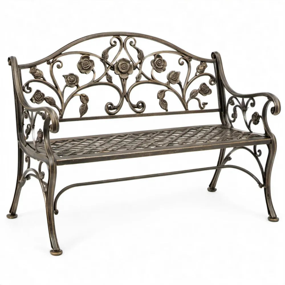 Bronzen gietijzeren tuinbank voor 2 personen met rozenmotief, 122 x 61 x 93 cm