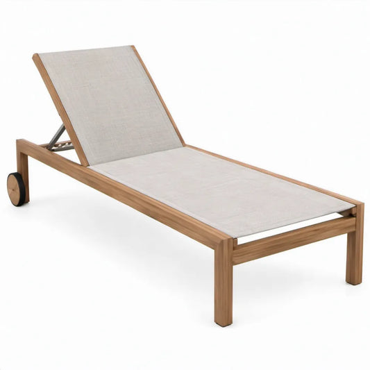 Verstelbaar ligbed van massief acaciahout met wielen, 200 x 65 x 35 cm, beige/naturel bruin/zwart
