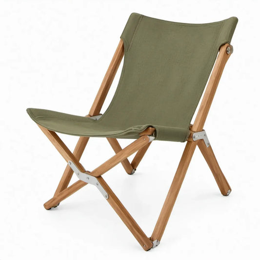 Opvouwbare campingstoel van olijfgroen canvas met acaciahouten frame, 58 x 70 x 92 cm