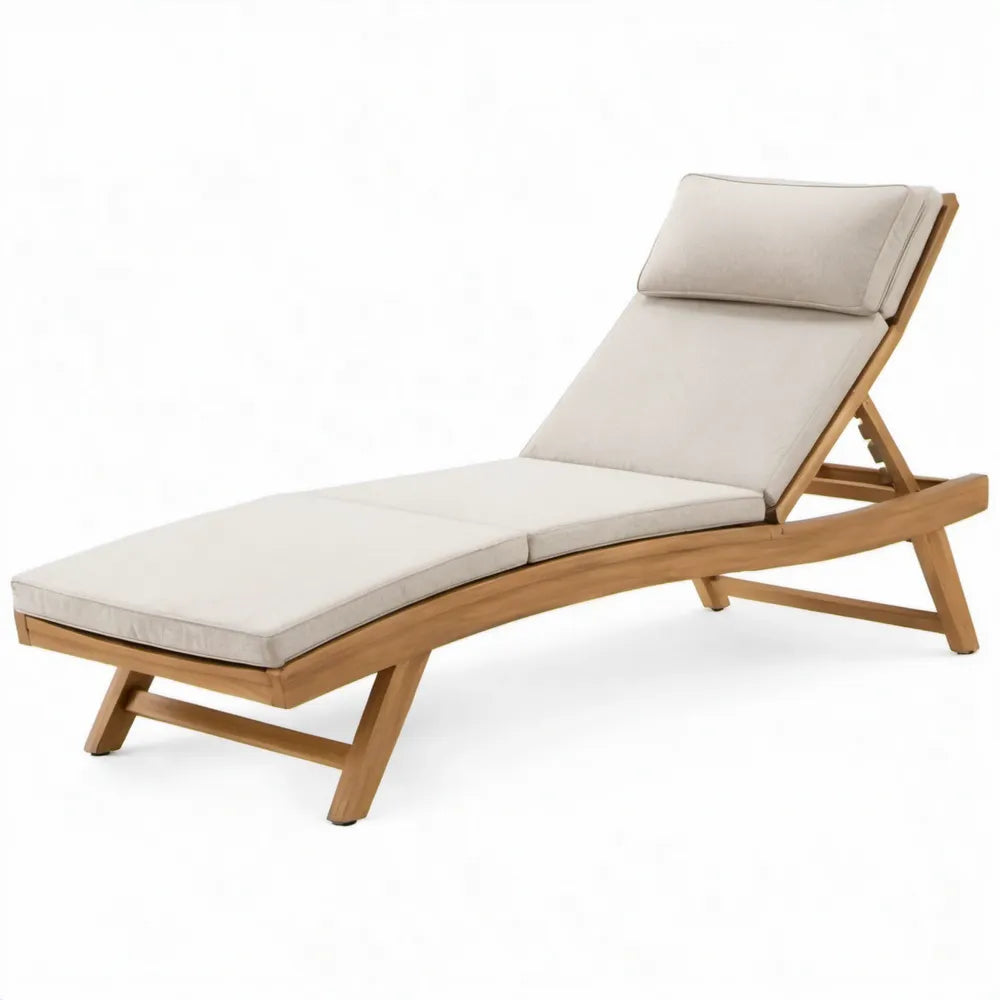 Verstelbaar teak ligbed met beige polyester kussens, 200 x 65 x 30 cm