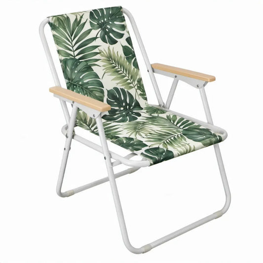 Inklapbare campingstoel 54 x 64 x 86 cm groen-wit met bladprint, wit stalen frame en houten armleuningen
