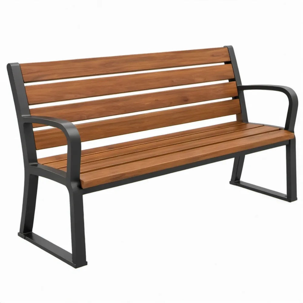 2-zits tuinbank van acaciahout met zwart stalen frame, 125 x 60 x 85 cm, bruin/zwart