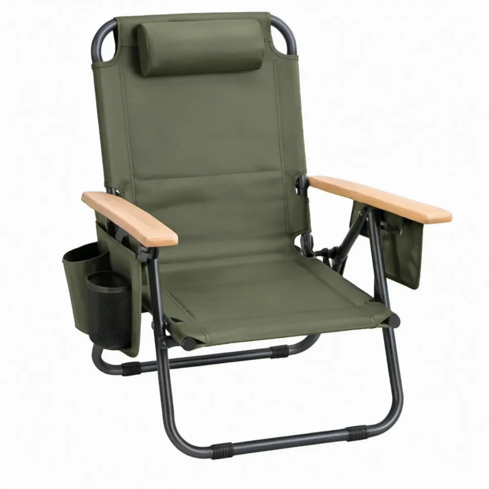Opvouwbaar met hoofdsteun, houten armleuningen en dubbele bekerhouder – 60 x 66 x 94 cm – Olijfgroen/Zwart/Naturel