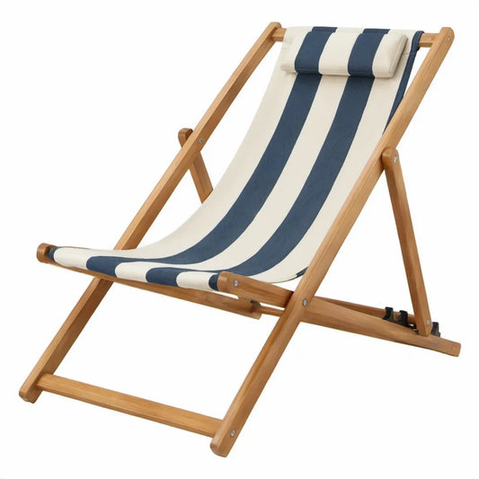 Verstelbare inklapbare strandstoel van beukenhout met blauw-crèmekleurig katoenen canvas, 120 x 60 x 80 cm