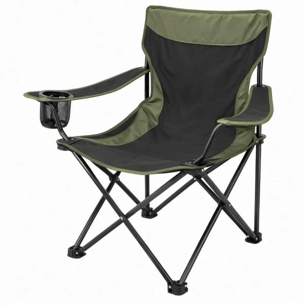 Opvouwbare campingstoel met hoge rugleuning, bekerhouder en opbergnet, 80 x 50 x 90 cm, groen/zwart