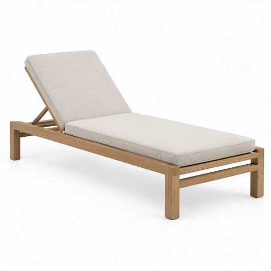 Verstelbaar teakhouten ligbed met beige kussens, 200 x 70 x 34 cm